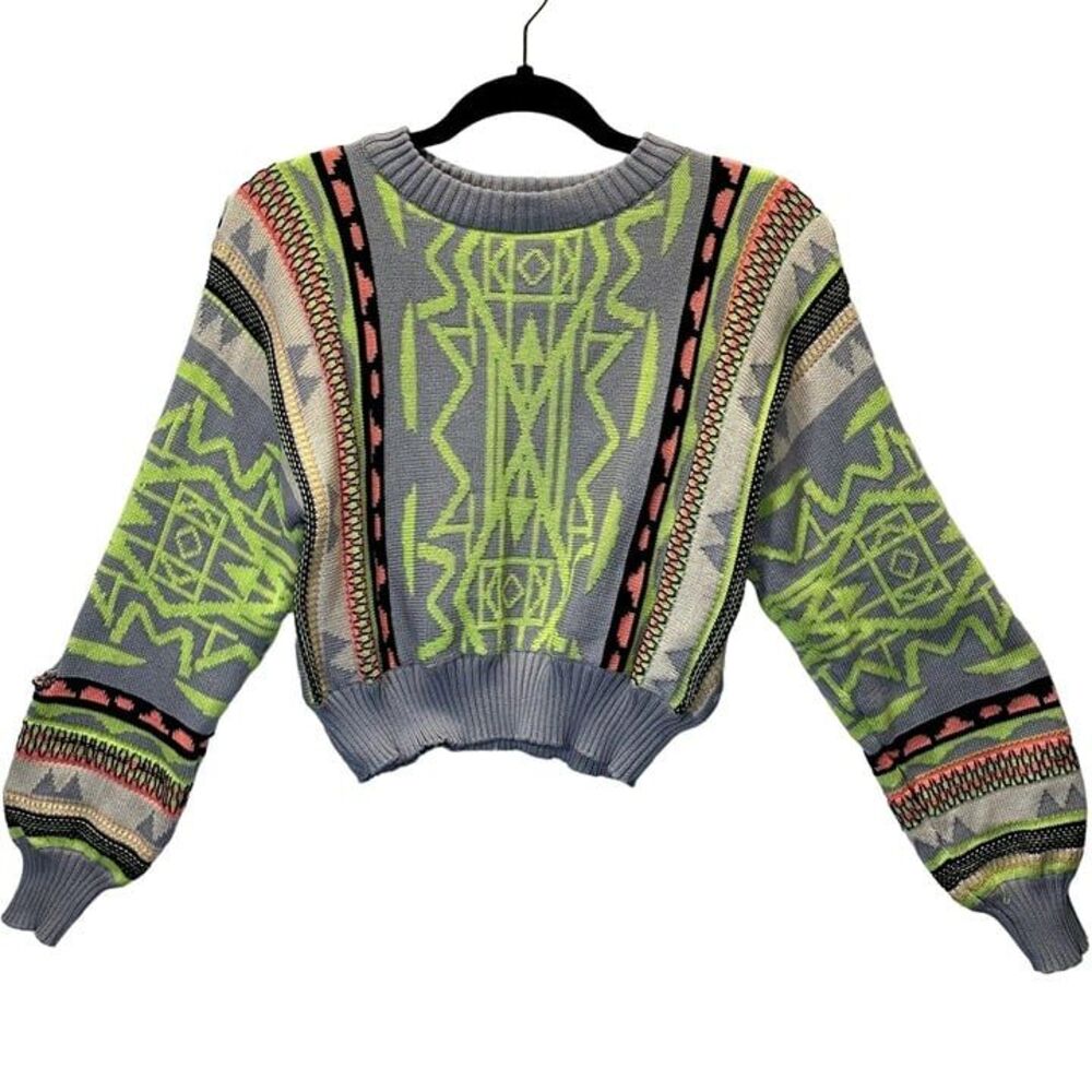 Rehab Aztec Crop Sweater Womens Small Neon Multicolor Cold Shoulder Slits Y2K